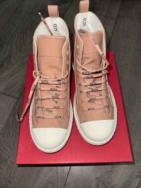 Valentino Garavani Blush Pink High-Top Leather Sneakers with VLTN Laces